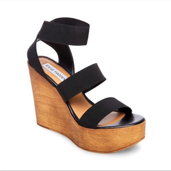 Steve Madden Shoes - STEVE MADDENn| Blondy Black Platform Wedge Stretch Sandals heels women’s 6